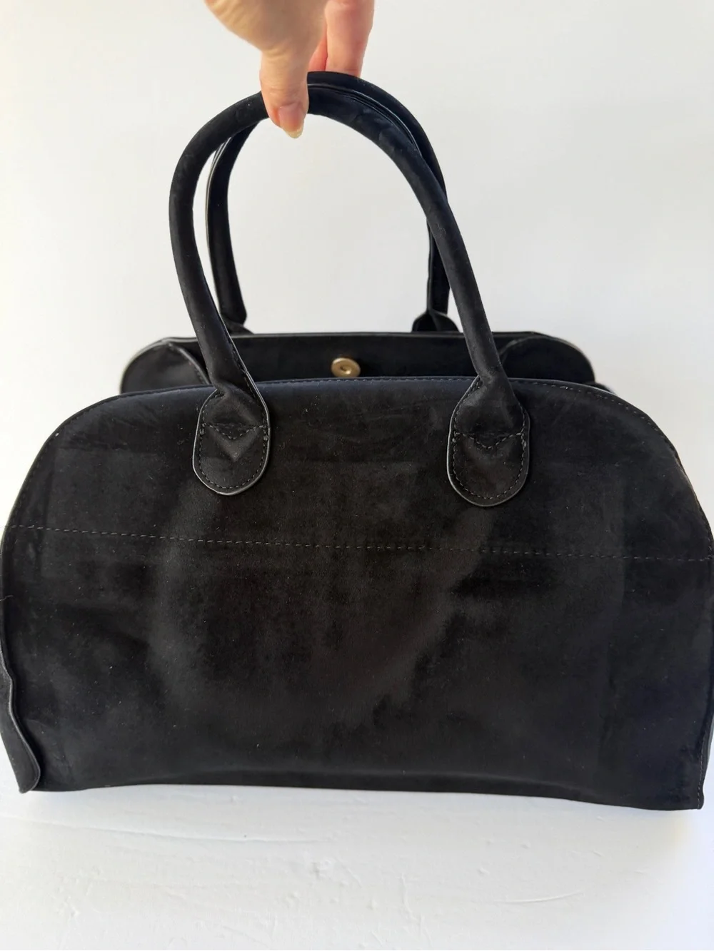Black Top Handle Suede Satchel Handbag w/Buckle Detail Gold Hardware Zip Pocket